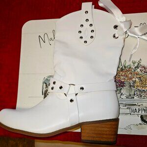 🆕Women White Leather Western  Mid Calf Fashion Chunky Cowgirl Pointed Toe Boot
